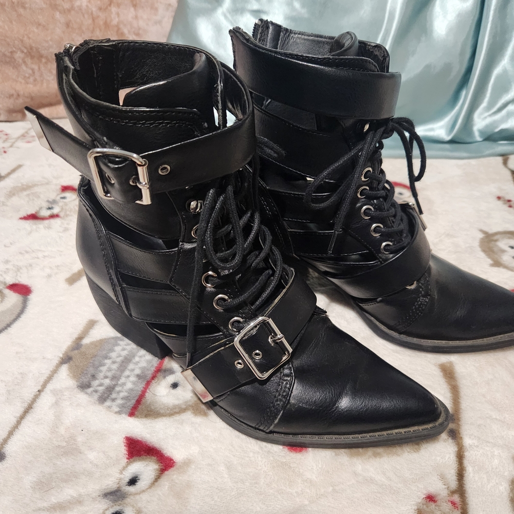 Buckle Black Lace Up Women's Boots - Picture 6 of 6